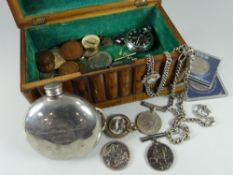 A NOVELTY 'SOUVENIR' MARQUETRY BOX & CONTENTS including silver watch-chains, coinage, nautical hip