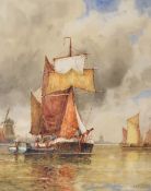 FREDERICK JAMES ALDRIDGE (1850-1933) watercolour - busy boating, Dutch river estuary, 30 x 24cms