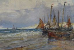 EDWIN HAYES RHA (1820-1904) watercolour - beached fishing boats with white cliffs in background,