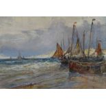 EDWIN HAYES RHA (1820-1904) watercolour - beached fishing boats with white cliffs in background,