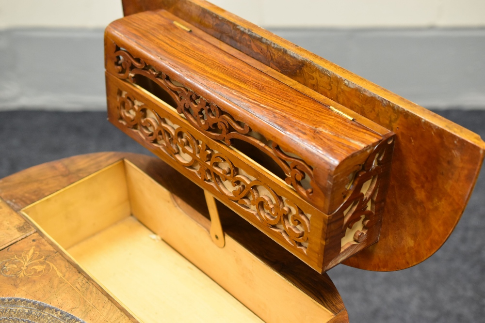 A VICTORIAN BURR WALNUT & MARQUETRY WRITING DESK having a hinging tooled leather top flanked by - Image 5 of 7