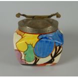 A CLARICE CLIFF 'AUTUMN' PATTERN SUGAR BASIN from the 'Bizarre' series, decorated with cottage &