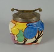 A CLARICE CLIFF 'AUTUMN' PATTERN SUGAR BASIN from the 'Bizarre' series, decorated with cottage &