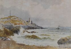 CHARLES HANNAFORD watercolour - the Bristol Channel in choppy seas with Mumbles Head & the Mumbles