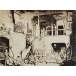 SIR WILLIAM RUSSELL FLINT etching - interior scene with numerous figures entitled verso 'Spanish