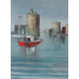 IRENE BACHE watercolour & mixed media - continental Moorish harbour with red boats & ancient