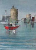 IRENE BACHE watercolour & mixed media - continental Moorish harbour with red boats & ancient