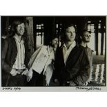 HENRY DILTZ black & white still photograph - four members of the rock band The Doors, beneath a pier