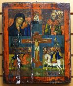 A PAIR OF EARLY NINETEENTH CENTURY ROMANIAN PAINTED RELIGIOUS ICONS ON WOOD one featuring St