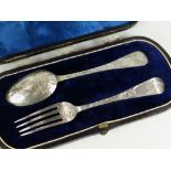 A CASED VICTORIAN EXETER SILVER SPOON & FORK SET foliate engraved, hallmarks believed Exeter 1866