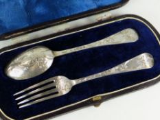 A CASED VICTORIAN EXETER SILVER SPOON & FORK SET foliate engraved, hallmarks believed Exeter 1866