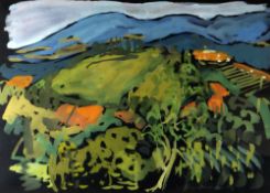 VICTORIA MALCOLM watercolour - continental landscape with vineyards, 39 x 40cms