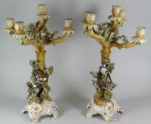 A PAIR OF NINETEENTH CENTURY SITZENDORF PORCELAIN TABLE CANDELABRA in the form of trees with two