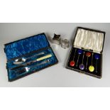 A PARCEL OF FLATWARE comprising a cased set of six silver and enamel coffee spoons, two silver