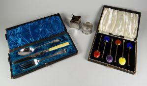 A PARCEL OF FLATWARE comprising a cased set of six silver and enamel coffee spoons, two silver