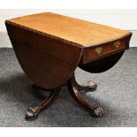 A MAHOGANY DROP LEAF DINING TABLE with single end drawer and on substantial four spoked claw base,