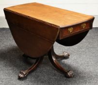 A MAHOGANY DROP LEAF DINING TABLE with single end drawer and on substantial four spoked claw base,