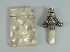 A SILVER & MOTHER-OF-PEARL BABY'S RATTLE incorporating teether and whistle together with a mother-