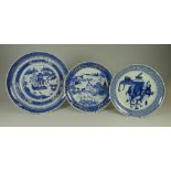 THREE NINETEENTH CENTURY CHINESE BLUE & WHITE PLATES one with character marks (some damage)
