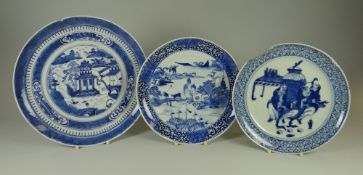 THREE NINETEENTH CENTURY CHINESE BLUE & WHITE PLATES one with character marks (some damage)