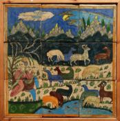 A FRAMED SERIES OF PAINTED TILES, circa 1970s - Persian & depicting a figure & animals within a
