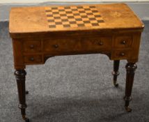 A FINE QUALITY VICTORIAN WALNUT GAMES TABLE & COMPENDIUM with marquetry and chequer top,