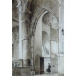 LEMITRE sepia watercolour - figure within the confines of a cathedral, signed & dated 1827, 27 x