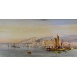 H COLVIN watercolour - continental scene with fishing boats, buildings & hills, signed, 25 x 49cms