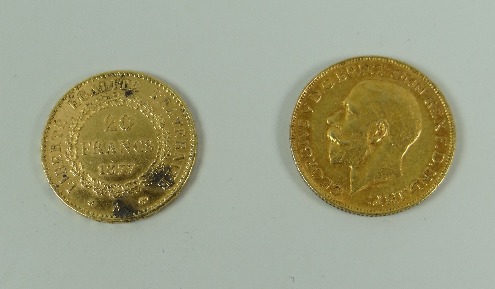 GOLD FULL SOVEREIGN DATED 1918 together with a gold twenty Franc-piece, 1877 - Image 2 of 2