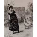 MONTAGU BARSTOW ink wash - young lady with bonnet & dress being chased by a gaggle of geese, signed,
