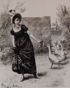 MONTAGU BARSTOW ink wash - young lady with bonnet & dress being chased by a gaggle of geese, signed,