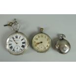 TWO SILVER POCKET WATCHES & A SILVER SOVEREIGN HOLDER
