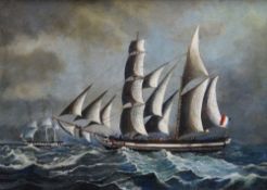 NAIVE NINETEENTH CENTURY FRENCH MARITIME SCHOOL oil on panel - portrait of a two masted vessel