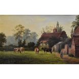 WILLIAM P CARTWRIGHT (1855-1915) oil on canvas - farm scene with cattle and figure with pail, signed