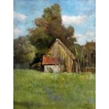 F MOYERS (believed Canadian) oil on board - barn amongst trees in a field, Curry's Art Store Ltd