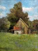 F MOYERS (believed Canadian) oil on board - barn amongst trees in a field, Curry's Art Store Ltd