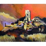 GOMER LEWIS acrylic on canvas, colourful semi-abstract of tall building on hillside, unframed,