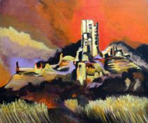 GOMER LEWIS acrylic on canvas, colourful semi-abstract of tall building on hillside, unframed,