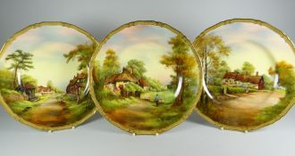 A TRIO OF ROYAL WORCESTER DISPLAY PLATES DECORATED BY E TOWNSEND of alternate lobed form with floral