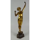 P P BILIPPA POLISHED BRONZE FIGURE of a stretching nude on a marble & metallic base, signed, 41cms