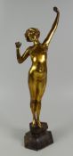 P P BILIPPA POLISHED BRONZE FIGURE of a stretching nude on a marble & metallic base, signed, 41cms