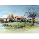 IRENE BACHE watercolour & mixed media - farmstead with ancient tree, signed, 27 x 38cms