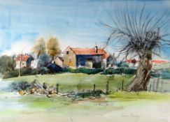 IRENE BACHE watercolour & mixed media - farmstead with ancient tree, signed, 27 x 38cms