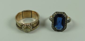 A NINETEENTH CENTURY UNMARKED BELIEVED GOLD DIAMOND & PEARL BAND RING together with a blue dress