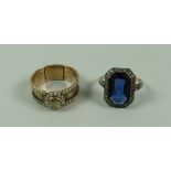 A NINETEENTH CENTURY UNMARKED BELIEVED GOLD DIAMOND & PEARL BAND RING together with a blue dress