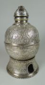 AN EGYPTIAN SILVER BEAN VESSEL & STAND profusely engraved with Islamic decoration, 13.9ozs