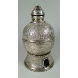 AN EGYPTIAN SILVER BEAN VESSEL & STAND profusely engraved with Islamic decoration, 13.9ozs