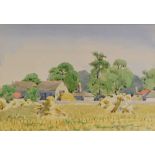 IRENE BACHE watercolour & pencil - harvested corn with farm buildings in tree line, signed, 17 x