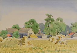 IRENE BACHE watercolour & pencil - harvested corn with farm buildings in tree line, signed, 17 x