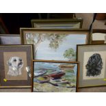 Two dog portrait paintings and a quantity of other paintings and prints